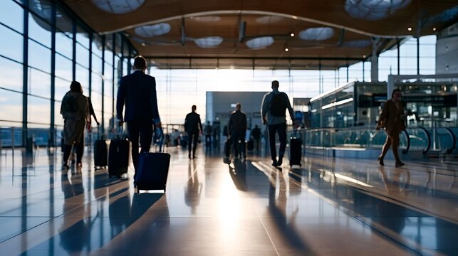 Travelers walking through modern airport departure lounge with luggage