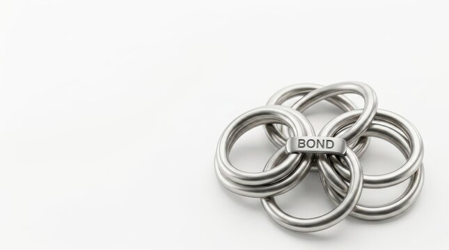 Silver metal rings with bond label interlocking together