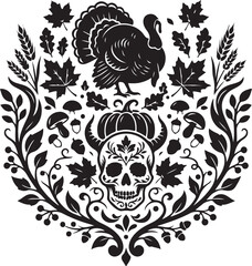 Fototapeta premium Vintage Thanksgiving Grunge Vector Illustration. Harvest Turkey Ornament. Sugar Skull Floral Frame. Autumn Leaves, Wheat, Pumpkin & Mushrooms. Halloween Texture Emblem Badge.