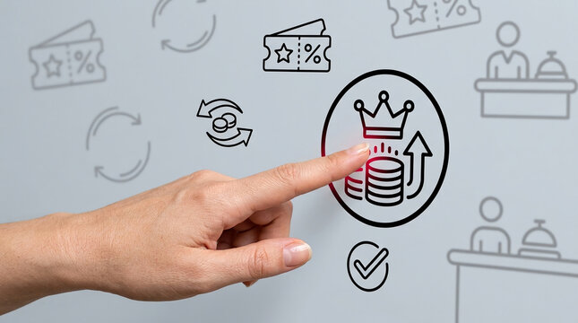 Customer hand touching digital loyalty program icons including crown and coins for VIP rewards marketing concept and business strategy illustration