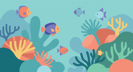 Fototapeta premium Colorful underwater scene with coral reef fish and vibrant marine life illustration