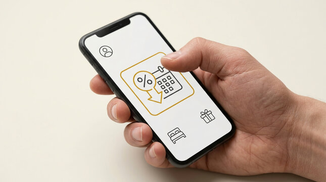 Hand holding smartphone displaying a mobile app interface for hotel booking discounts, savings, and gift icons on a neutral background.