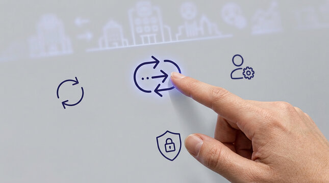Businessman using interactive touch screen with digital icons for data synchronization, cyber security, and business process automation technology.