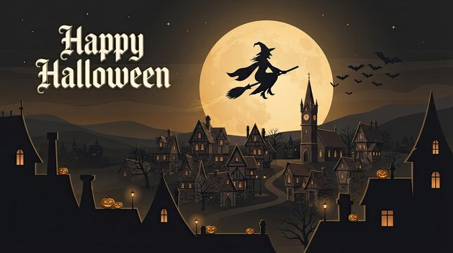Halloween witch flying on broomstick over city at night with full moon