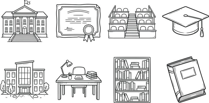 Collection of outline school and university building icons featuring academic buildings and library books