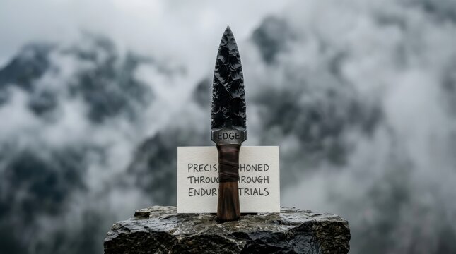 Obsidian arrowhead displayed on rock with quote