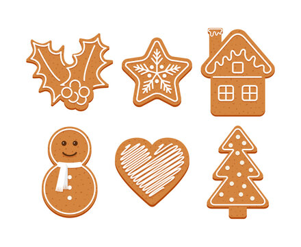 Christmas gingerbread star, Christmas tree, heart, house cookie. Cute ginger bread character in Xmas design. Noel holiday sweet dessert. Classic cookies isolated on white background. Vector illustrati