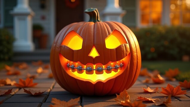 Jack-o-lantern with metal braces on teeth smiling blurred autumn porch funny den