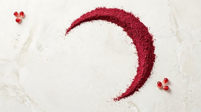 A crescent shape made of vibrant organic pomegranate powder arranged elegantly on a white marble background with small fresh fruit arils for decoration