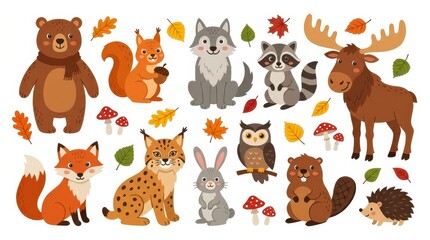 Naklejka premium Cute Forest Animals Vector Illustration Set with Autumn Leaves and Mushrooms for Kids Design