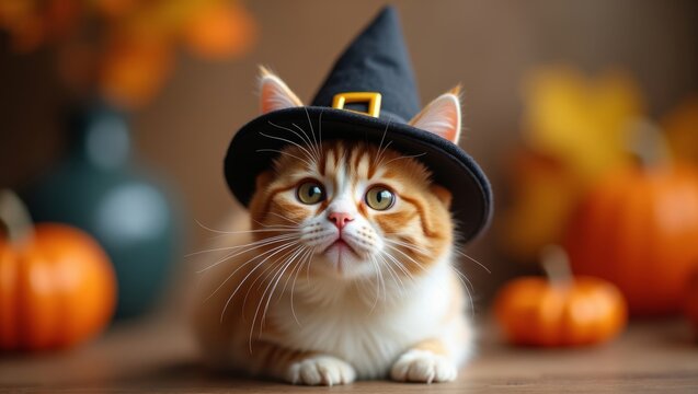 Cat wearing tiny pilgrim hat unimpressed face blurred autumn decor funny thanksg