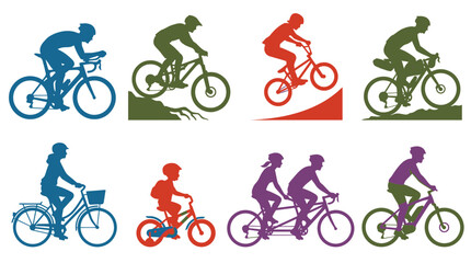 Naklejka premium Set of colorful silhouette icons showing various types of people riding bicycles.