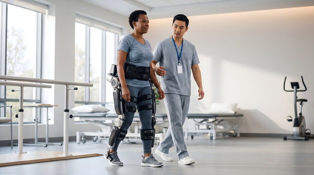 Patient using robotic exoskeleton during rehabilitation therapy in a modern clinic.