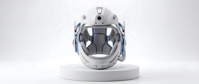 Futuristic neuro-rehabilitation helmet for advanced brain therapy technology.