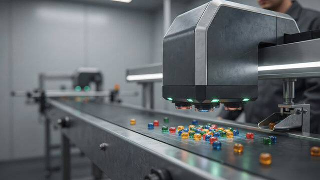 Industrial automated sorting machine scanning colorful plastic pieces on a conveyor belt in a factory with conveyor industrial automation assembly