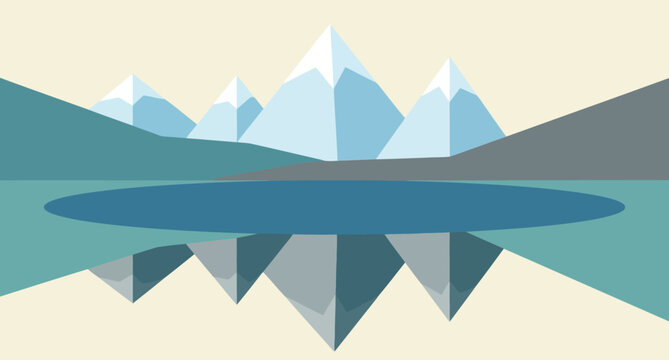 Abstract polygonal landscape with mountains and water reflection in cool tones