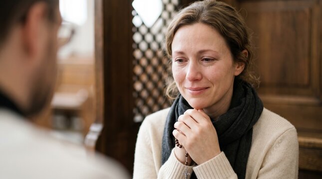 Crying woman holding rosary in confessional booth. Emotional female believer during confession