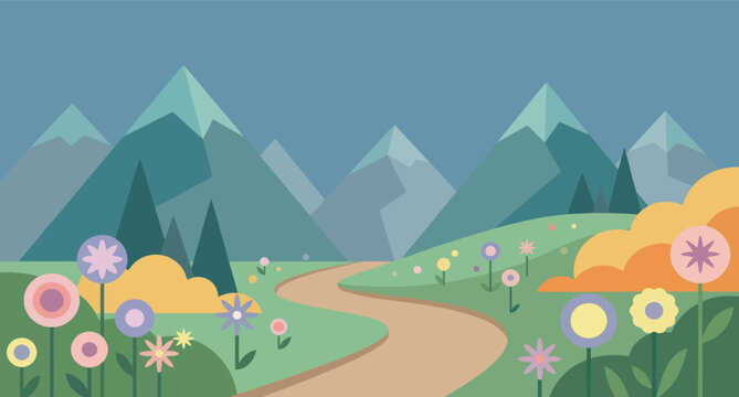 Charming illustrated landscape with winding path mountains and colorful wildflowers