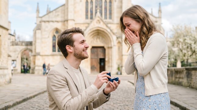 Young man proposing to his girlfriend on one knee in front of a historic church. Surprised woman crying tears of joy during marriage proposal. Engagement ring concept