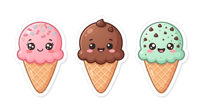 Three cute cartoon ice cream cones with smiling faces and blushing cheeks in pink, chocolate, and mint flavors on a white background, sticker style.