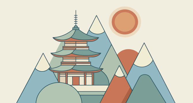 Stylized pagoda temple integrated with mountain landscape in a minimalist illustration