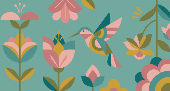Colorful hummingbirds hovering among stylized flowers seamless pattern design