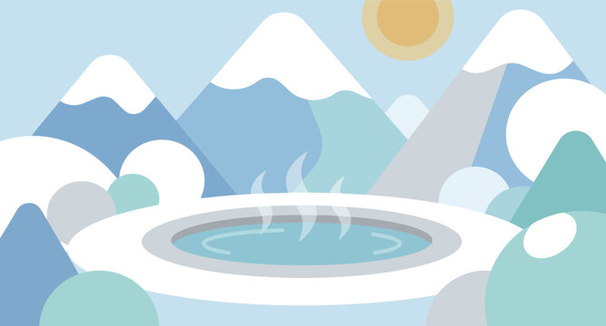 Minimalist landscape with stylized mountains and a circular pool reflecting the sun