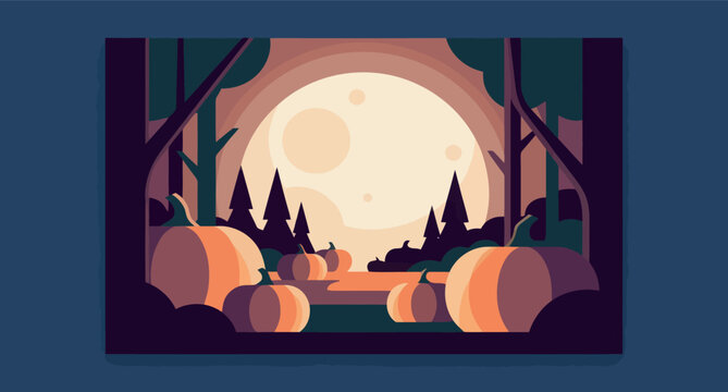 Mystical autumn forest scene with glowing pumpkins under a large full moon