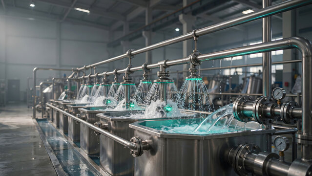 Industrial washing machine system with water jets cleaning parts in a factory industrial cleaning equipment stainless manufacturing production