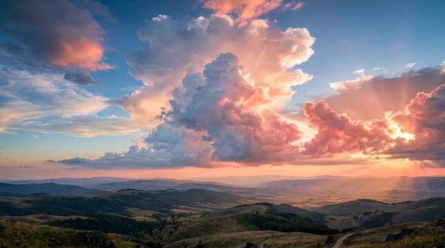 Dramatic sunset over rolling mountain landscape with golden clouds and sun rays