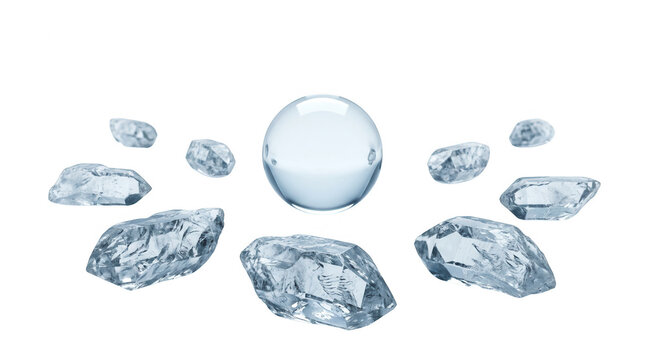 Uma esfera de vidro transparente centralizada cercada por cristais de quartzo brutos e transparentes, dispostos em um c&iacute;rculo sobre um fundo branco isolado, simbolizando pureza e clareza.