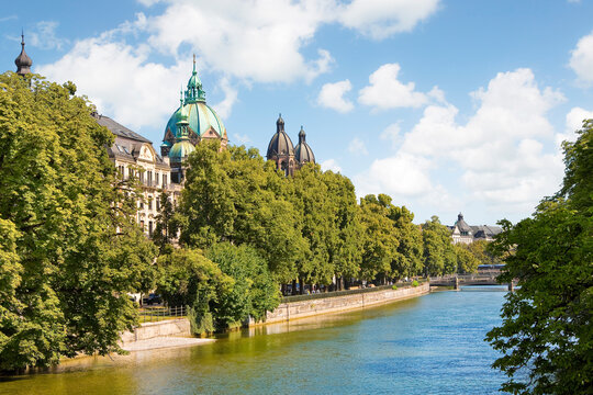 MUNICH, GERMANY - ST LUKAS CHURCH AND ISAR RIVER - HISTORIC BAVA