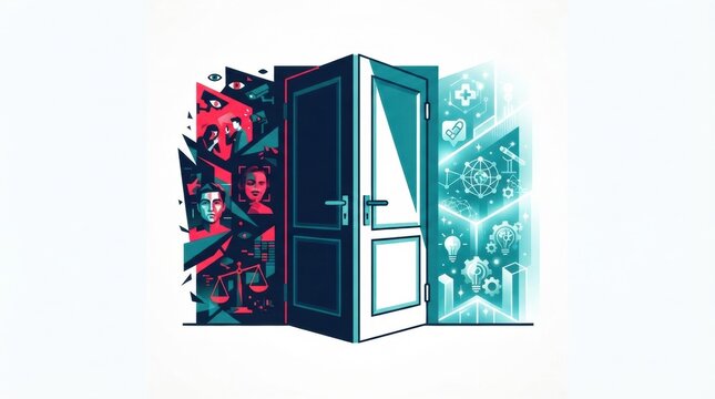 The art features a split door one side highlights AIs risks, while the other showcases its benefits and opportunities.