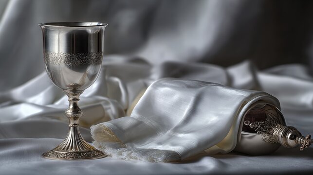 Ornate silver chalice and fringed white cloth. Close up of holy communion vessels on draped silk fabric