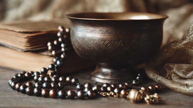 Engraved brass bowl and rosary beads with old books on a wooden table. Vintage religious still life composition
