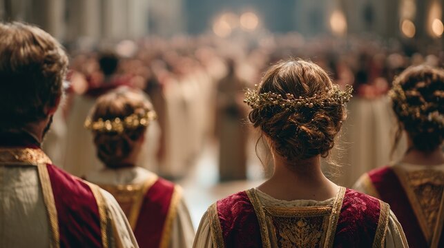 Back view of church choir members wearing red and gold vestments and golden wreaths. People facing the congregation in a cathedral during a service