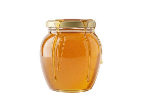 Um pote de vidro transparente cheio de mel dourado e viscoso com gotas escorrendo pela tampa met&aacute;lica, isolado em um fundo branco puro, ideal para publicidade de alimentos e nutri&ccedil;&atilde;o.