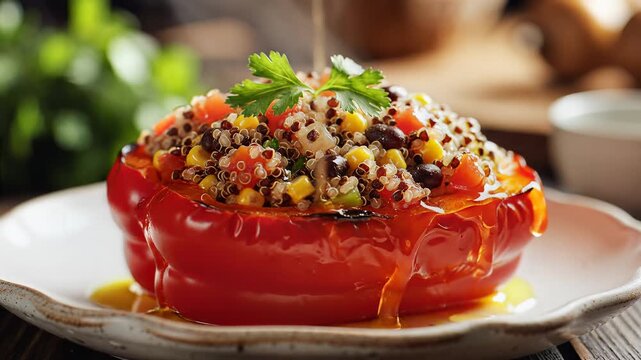Healthy roasted red bell pepper stuffed with quinoa and vegetables being drizzled with oil, closeup