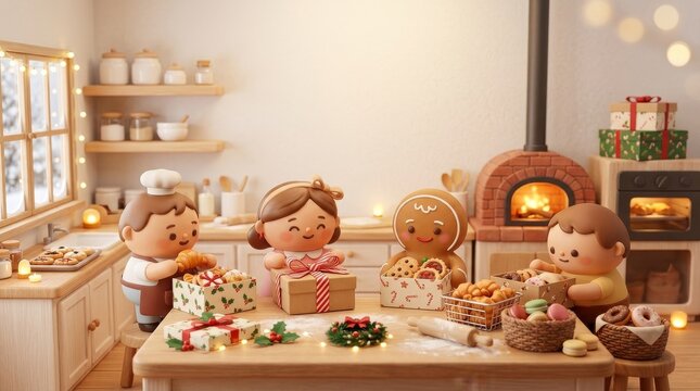 Small Business Holiday Orders and Seasonal Fulfillment Four cheerful gingerbread figures prepare gifts in a cozy kitchen decorated for the holidays.