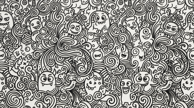 black and white monochrome doodle art pattern filled with cartoon faces  