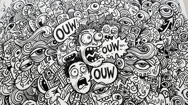 black and white monochrome doodle art pattern filled with cartoon faces  