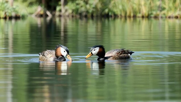 calm high-resolution 4K wildlife scene shows two white-faced whistling ducks foraging in shallow water with their heads submerged portraying natural bird behavior and tranquil wetland environments