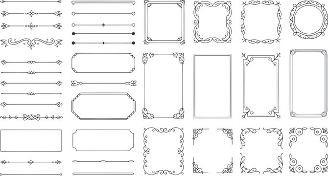 Assortment of black ornamental dividers and frames with varied shapes and intricate flourishes 
