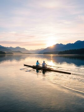 Two Rowers in a Double Scull Boat on a Calm Mountain Lake at Sunrise with Golden Reflections