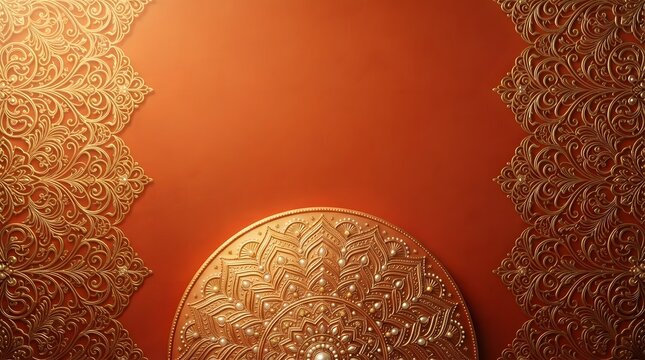 Ornate golden mandala border and halfcircle motif on a warm terracotta orange background