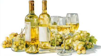 Obraz premium Watercolor illustration of white wine bottles and glasses with fresh green grapes