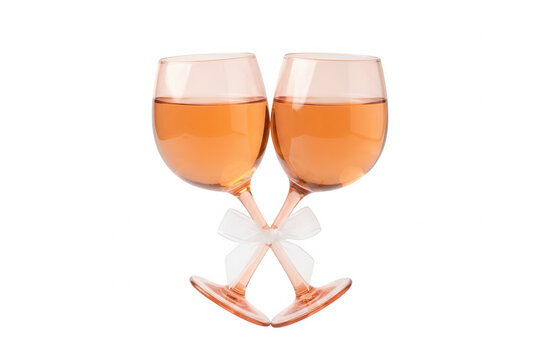 Duas ta&ccedil;as de vinho ros&eacute; elegantes com la&ccedil;os brancos decorativos, isoladas em um fundo branco, perfeitas para celebra&ccedil;&otilde;es de casamento, brindes rom&acirc;nticos e eventos festivos especiais.