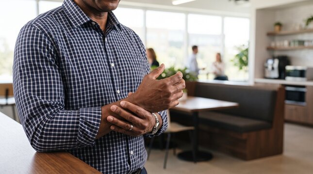 Man in plaid shirt holding wrist experiencing repetitive strain injury