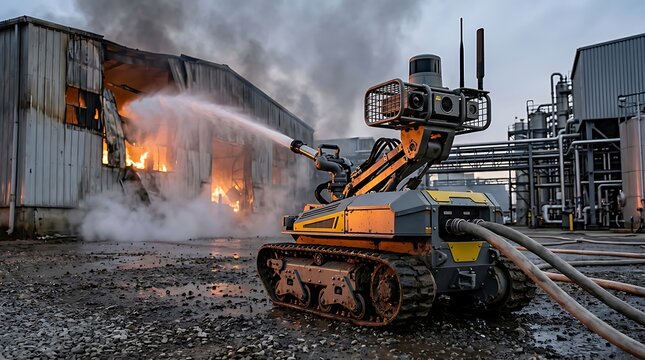 Autonomous firefighting robot spraying water at a burning industrial building during a fire emergency