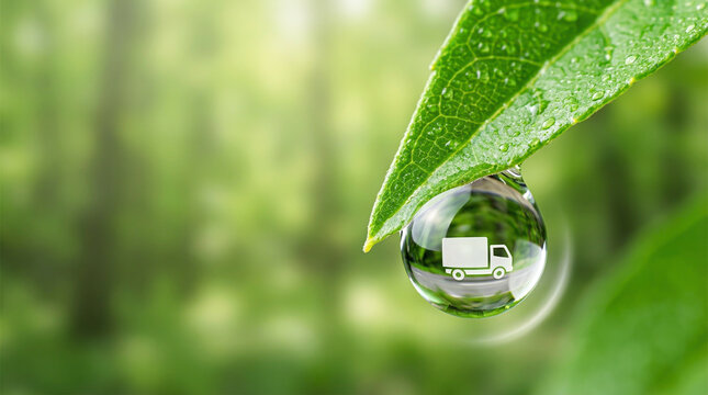 Water drop hanging from green leaf reflecting a white delivery truck icon inside